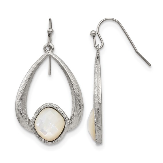 Chisel Stainless Steel Polished and Textured Mother of Pearl Dangle Shepherd Hook Earrings