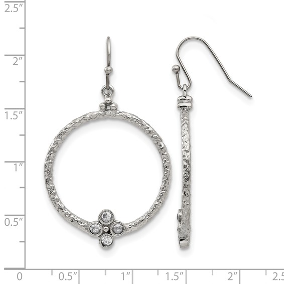 Stainless Steel Polished and Textured w/CZ Shepherd Hook Earrings