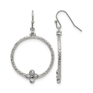 Stainless Steel Polished and Textured w/CZ Shepherd Hook Earrings