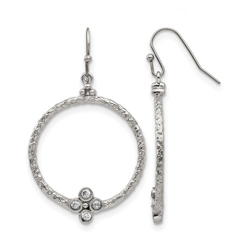 Stainless Steel Polished and Textured Earrings with CZ Shepherd Hook