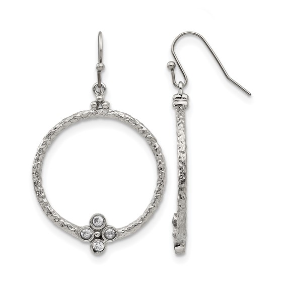 Stainless Steel Polished and Textured w/CZ Shepherd Hook Earrings