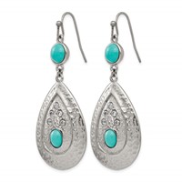 Chisel Stainless Steel Polished Hammered Earrings with Imitation Turquoise and CZ Dangle Shepherd Hook view 3