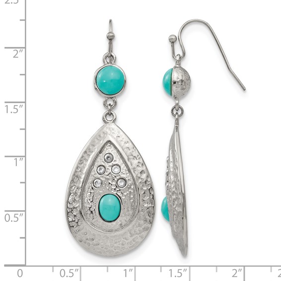Chisel Stainless Steel Polished Hammered with Imitation Turquoise and CZ Dangle Shepherd Hook Earrings