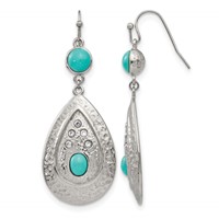 Chisel Stainless Steel Polished Hammered Earrings with Imitation Turquoise and CZ Dangle Shepherd Hook view 1