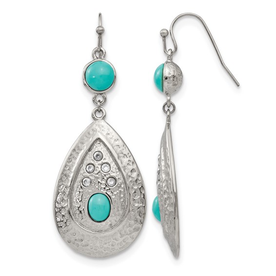 Chisel Stainless Steel Polished Hammered with Imitation Turquoise and CZ Dangle Shepherd Hook Earrings