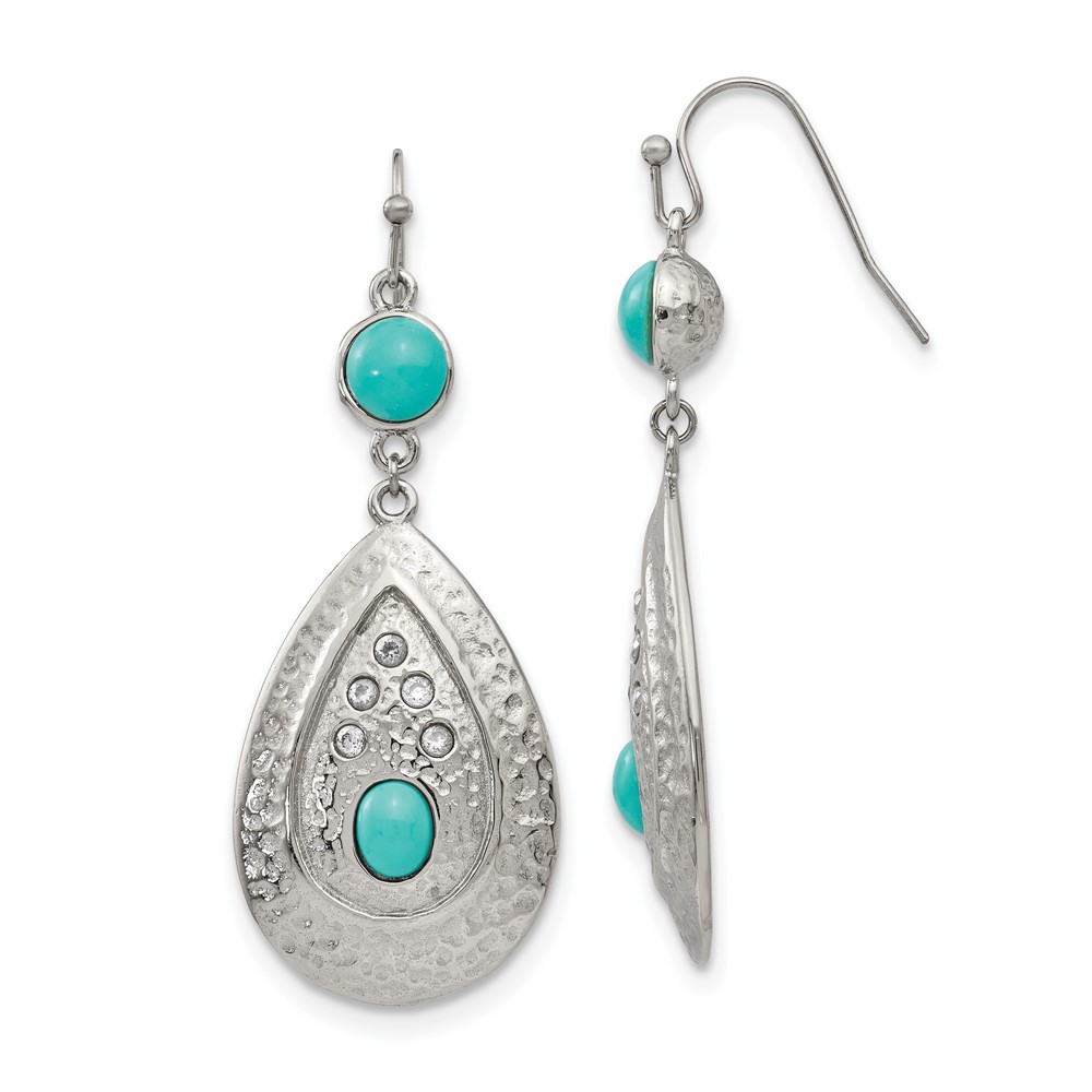 Stainless Steel Polished Hammered Imitation Turquoise CZ Dangle Earrings