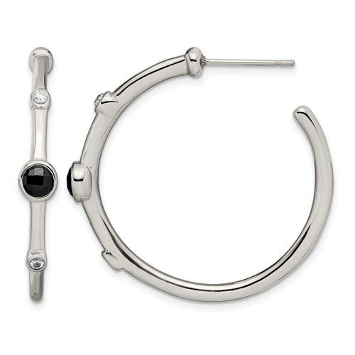 Chisel Stainless Steel Polished Earrings with Black Onyx and CZ Post Hoop