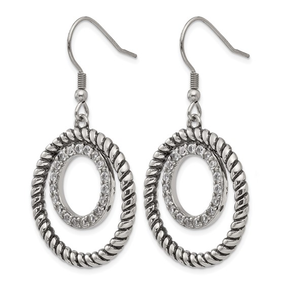 Stainless Steel Antiqued and Polished w/CZ Circle Dangle Earrings