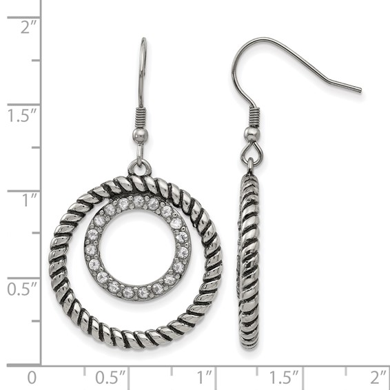 Stainless Steel Antiqued and Polished w/CZ Circle Dangle Earrings
