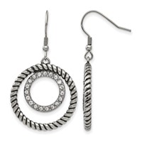 Stainless Steel Antiqued and Polished Earrings with CZ Circle Dangle view 1