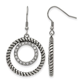 Stainless Steel Antiqued and Polished w/CZ Circle Dangle Earrings