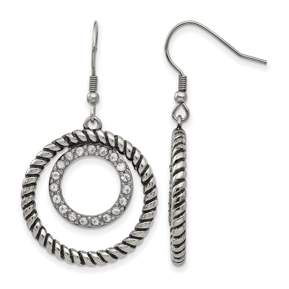 Stainless Steel Antiqued and Polished w/CZ Circle Dangle Earrings