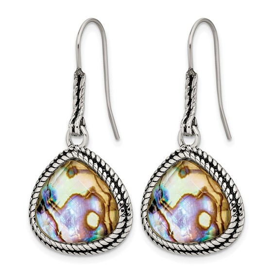 Stainless Steel Antiqued and Polished Imitation Abalone Dangle Earrings