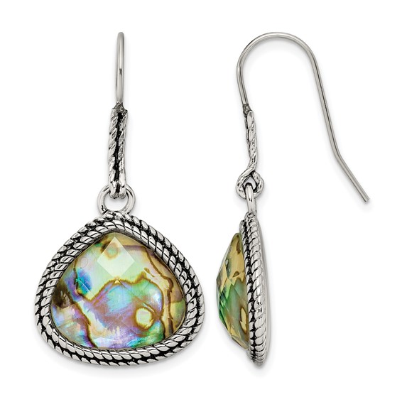 Stainless Steel Antiqued and Polished Imitation Abalone Dangle Earrings