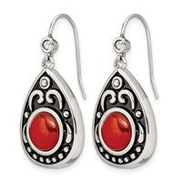 Stainless Steel Antiqued and Polished Red Agate & CZ Dangle Earrings view 3