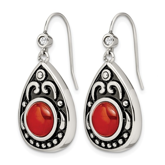 Stainless Steel Antiqued and Polished Red Agate & CZ Dangle Earrings