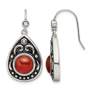 Stainless Steel Antiqued and Polished Red Agate & CZ Dangle Earrings