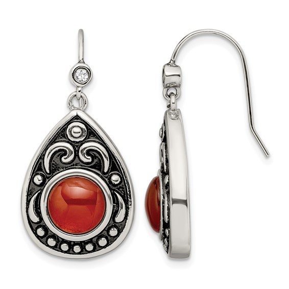 Stainless Steel Antiqued and Polished Red Agate & CZ Dangle Earrings
