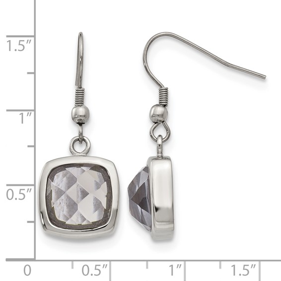 Chisel Stainless Steel Polished Square Grey Glass Dangle Shepherd Hook Earrings
