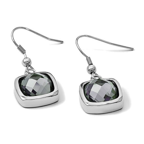 Chisel Stainless Steel Polished Square Grey Glass Dangle Shepherd Hook Earrings