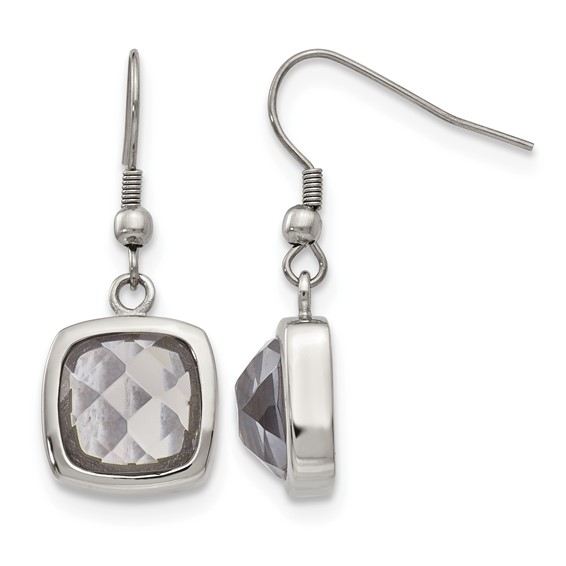 Chisel Stainless Steel Polished Square Grey Glass Dangle Shepherd Hook Earrings