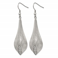 Stainless Steel Brushed and Polished CZ Dangle Shepherd Hook Earrings view 3