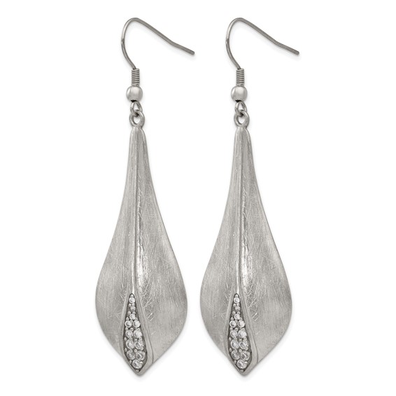 Stainless Steel Brushed and Polished CZ Dangle Shepherd Hook Earrings