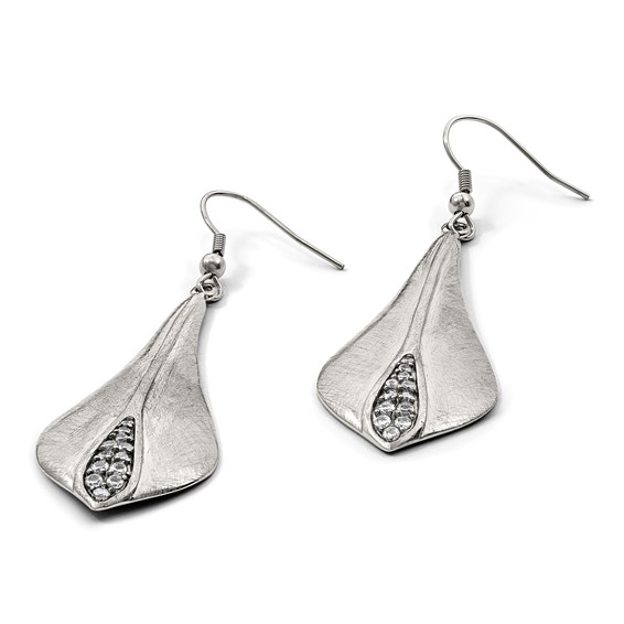 Stainless Steel Brushed and Polished CZ Dangle Shepherd Hook Earrings