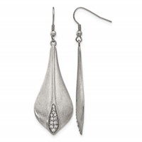 Stainless Steel Brushed and Polished CZ Dangle Shepherd Hook Earrings view 1