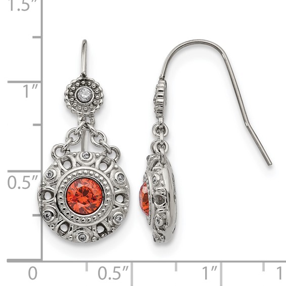Chisel Stainless Steel Polished Red and Clear CZ Circle Dangle Shepherd Hook Earrings