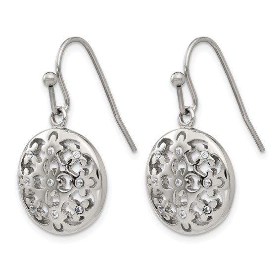 Stainless Steel Polished w/CZ Circle w/Flowers Shepherd Hook Earrings