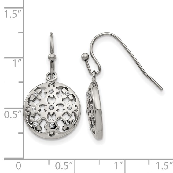 Stainless Steel Polished w/CZ Circle w/Flowers Shepherd Hook Earrings
