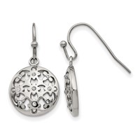 Stainless Steel Polished Earrings with CZ Circle with Flowers Shepherd Hook view 1