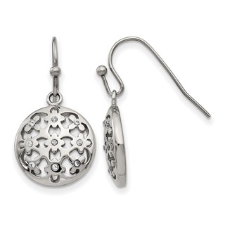 Stainless Steel Polished w/CZ Circle w/Flowers Shepherd Hook Earrings