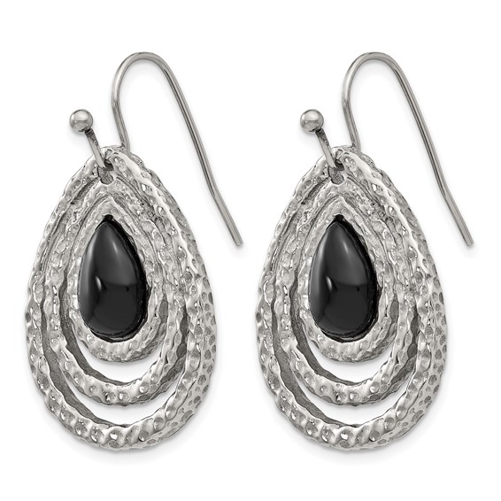 Chisel Stainless Steel Polished and Textured Black Onyx Shepherd Hook Earrings