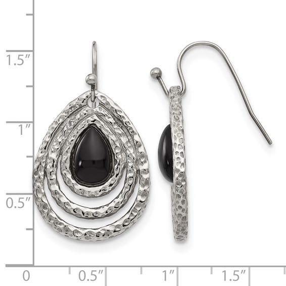 Chisel Stainless Steel Polished and Textured Black Onyx Shepherd Hook Earrings