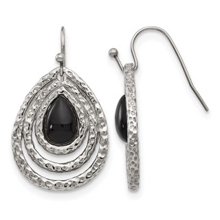 Chisel Stainless Steel Polished and Textured Black Onyx Shepherd Hook Earrings