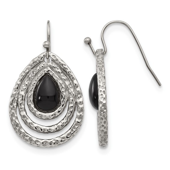 Chisel Stainless Steel Polished and Textured Black Onyx Shepherd Hook Earrings