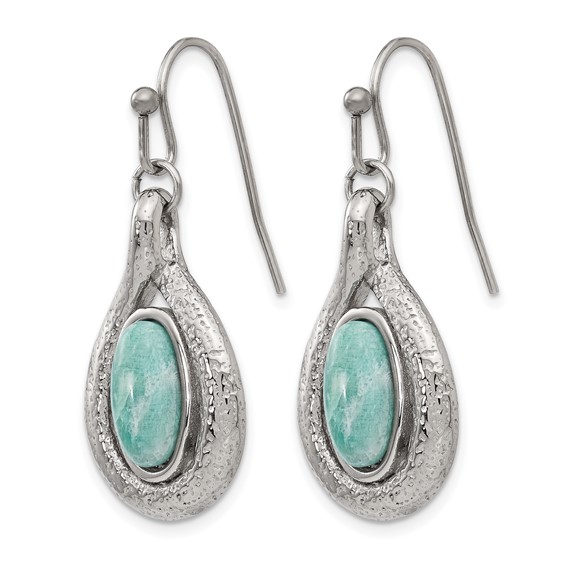 Stainless Steel Polished and Textured Dyed Synthetic Green Jade Earrings