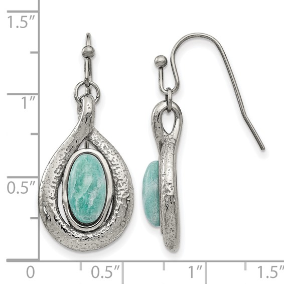 Stainless Steel Polished and Textured Dyed Synthetic Green Jade Earrings