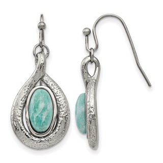 Stainless Steel Polished and Textured Dyed Synthetic Green Jade Earrings