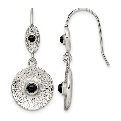 Stainless Steel Polished and Textured Black Onyx Circle Earrings