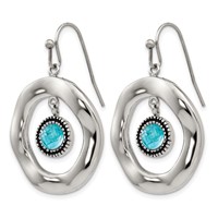 Stainless Steel Polished Wavy Circle W Blue Glass Shepherd Hook Earrings view 3