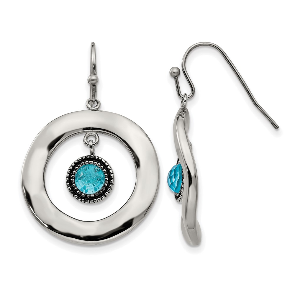 Stainless Steel Polished Wavy Circle W Blue Glass Shepherd Hook Earrings