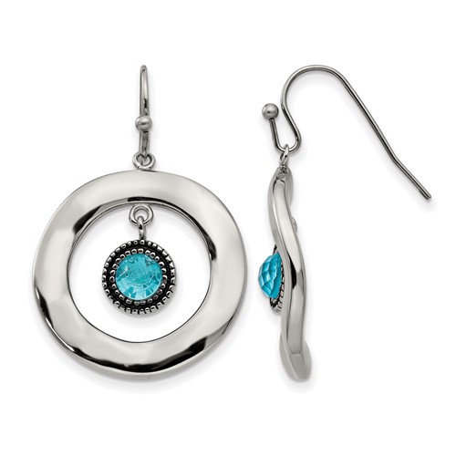 Stainless Steel Polished Wavy Circle Earrings with Blue Glass Shepherd Hook