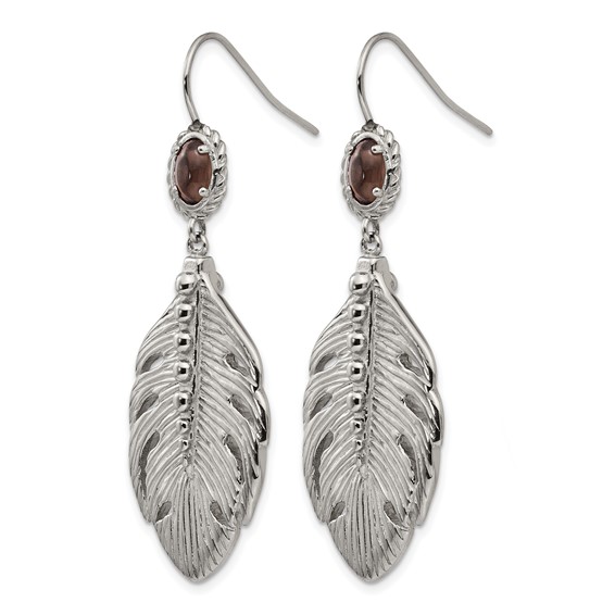 Stainless Steel Polished and Textured Smoky Quartz Feather Earrings