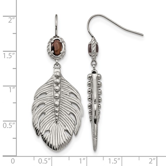 Stainless Steel Polished and Textured Smoky Quartz Feather Earrings