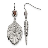 Stainless Steel Polished and Textured Smoky Quartz Feather Earrings view 1