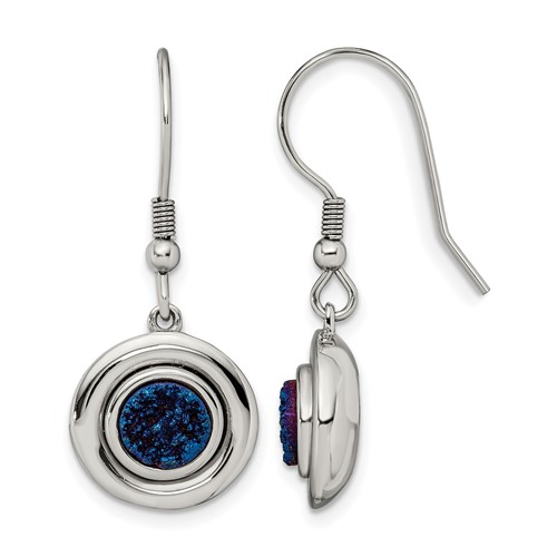 Chisel Stainless Steel Polished Earrings with Blue Druzy Dangle Shepherd Hook