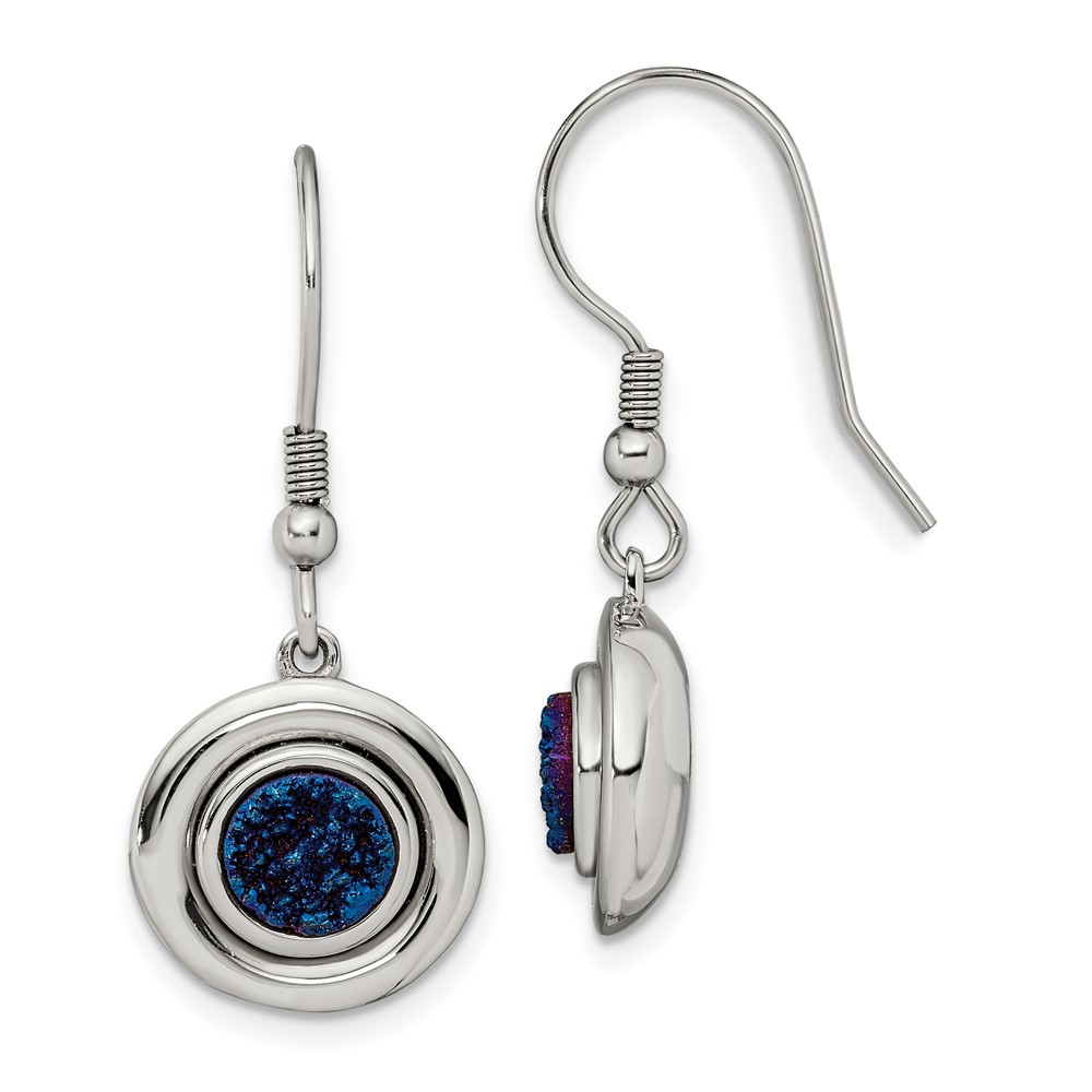 Stainless Steel Polished w/Blue Druzy Dangle Shepherd Hook Earrings